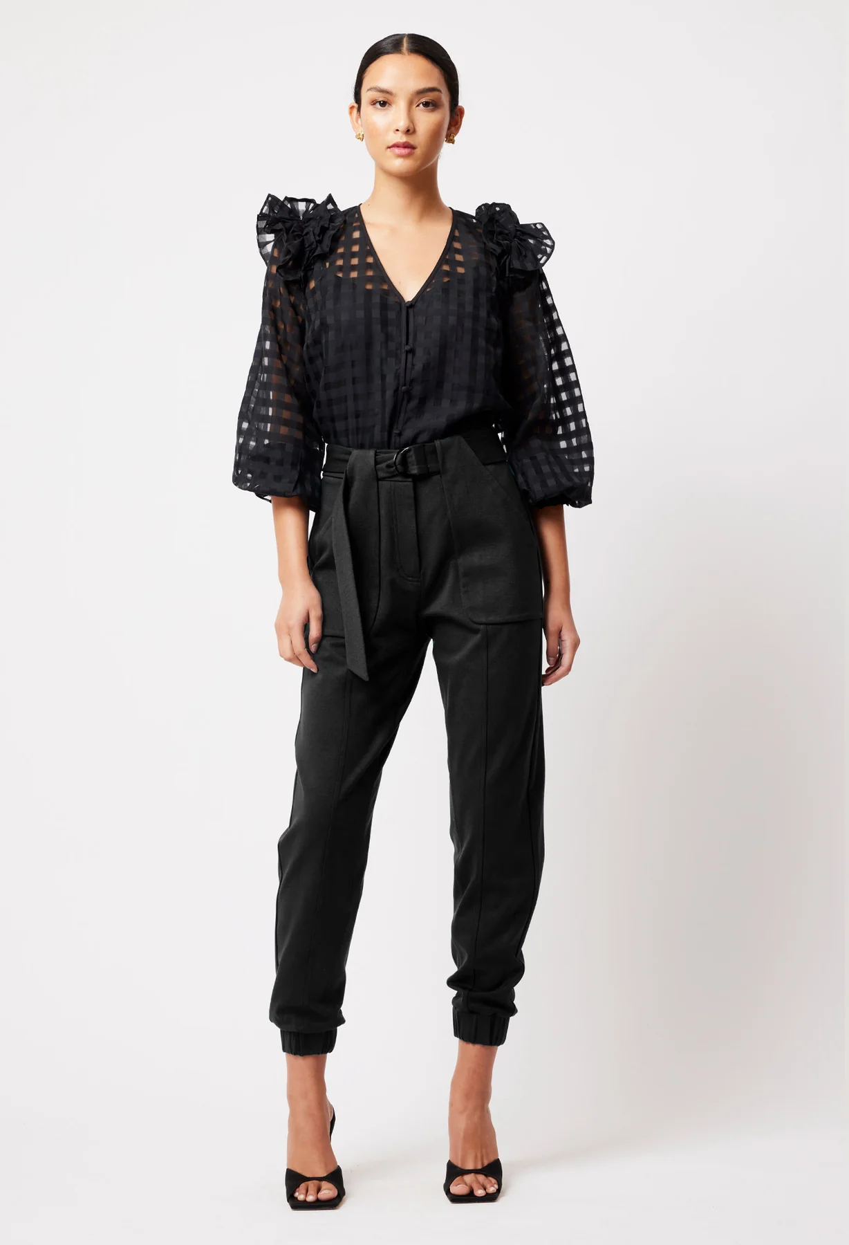 Aquila Check Ruffle Sleeve Blouse