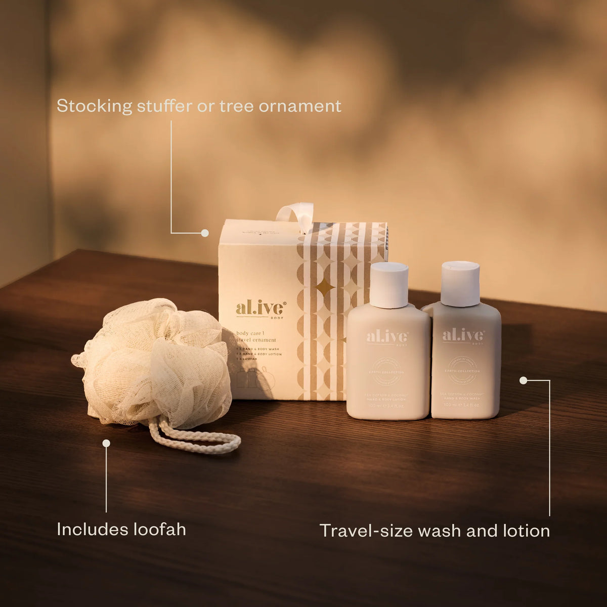 al.ive body Body Care Travel Ornament with travel-size wash, lotion and loofah, a stocking stuffer or tree ornament