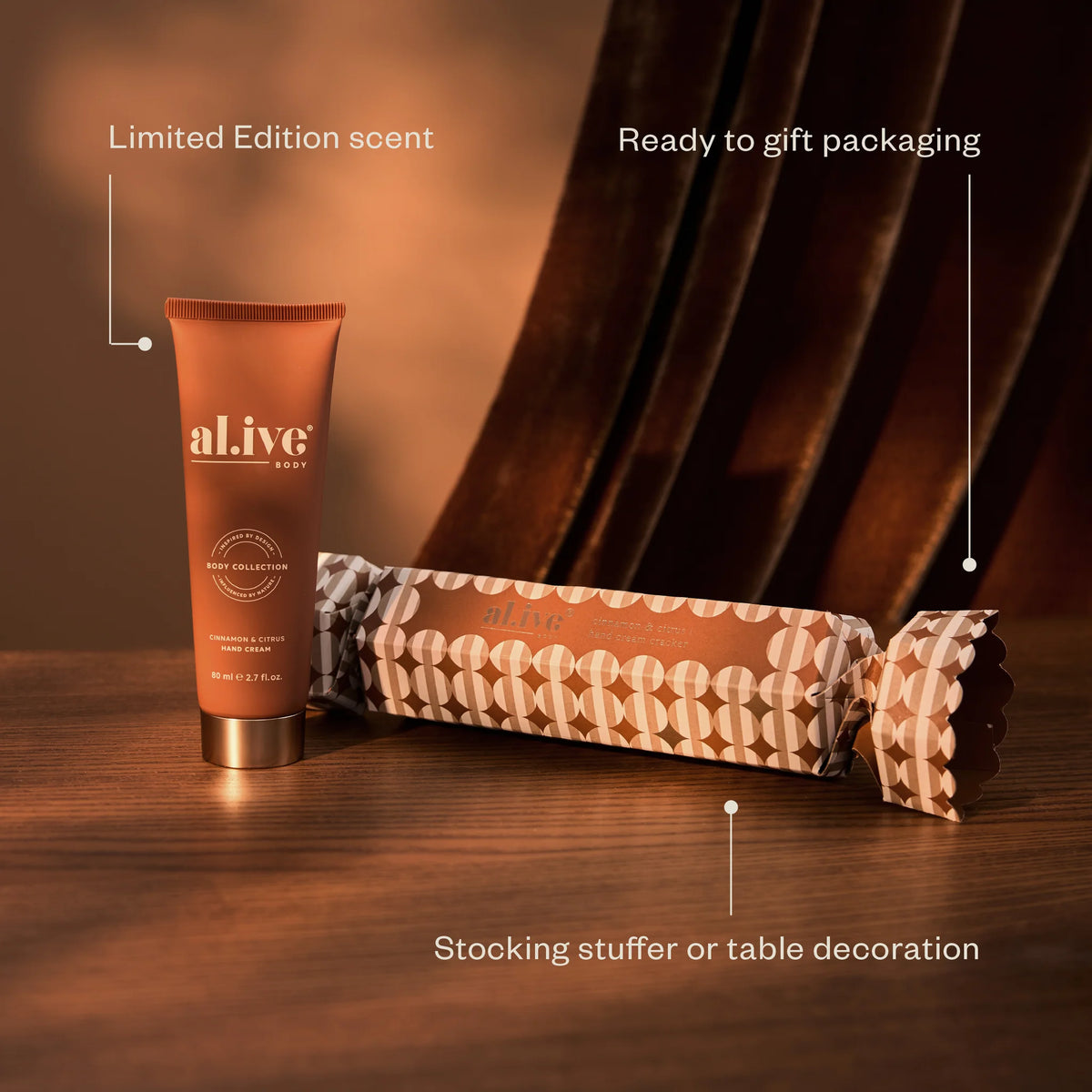 al.ive body Hand Cream Cracker with hand cream tube, a stocking stuffer or table decoration