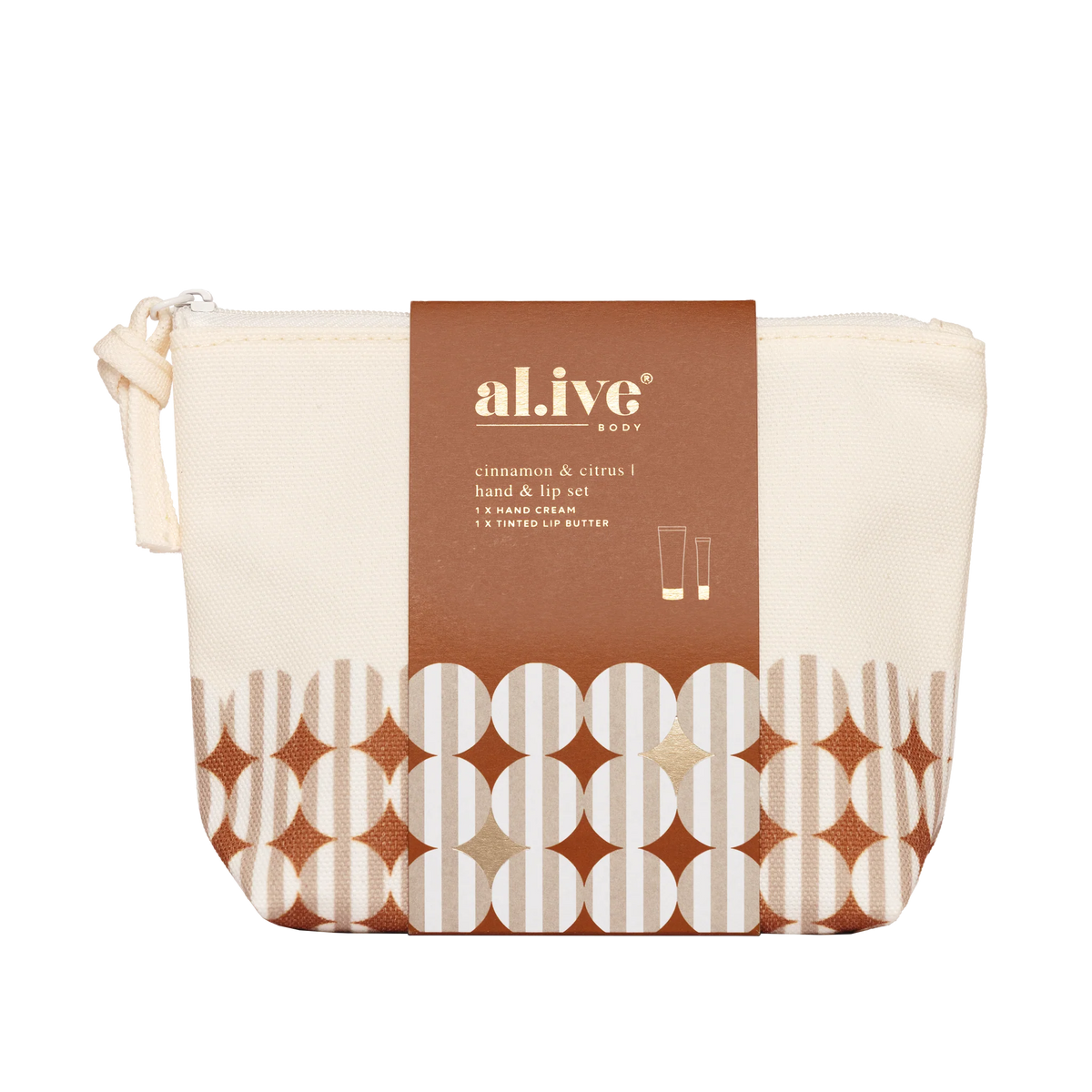 al.ive body Limited Edition Hand & Lip Set Cinnamon & Citrus in reusable cosmetic bag