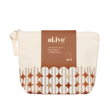 al.ive body Limited Edition Hand & Lip Set Cinnamon & Citrus in reusable cosmetic bag