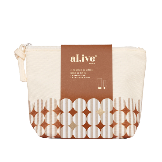 al.ive body Limited Edition Hand & Lip Set Cinnamon & Citrus in reusable cosmetic bag