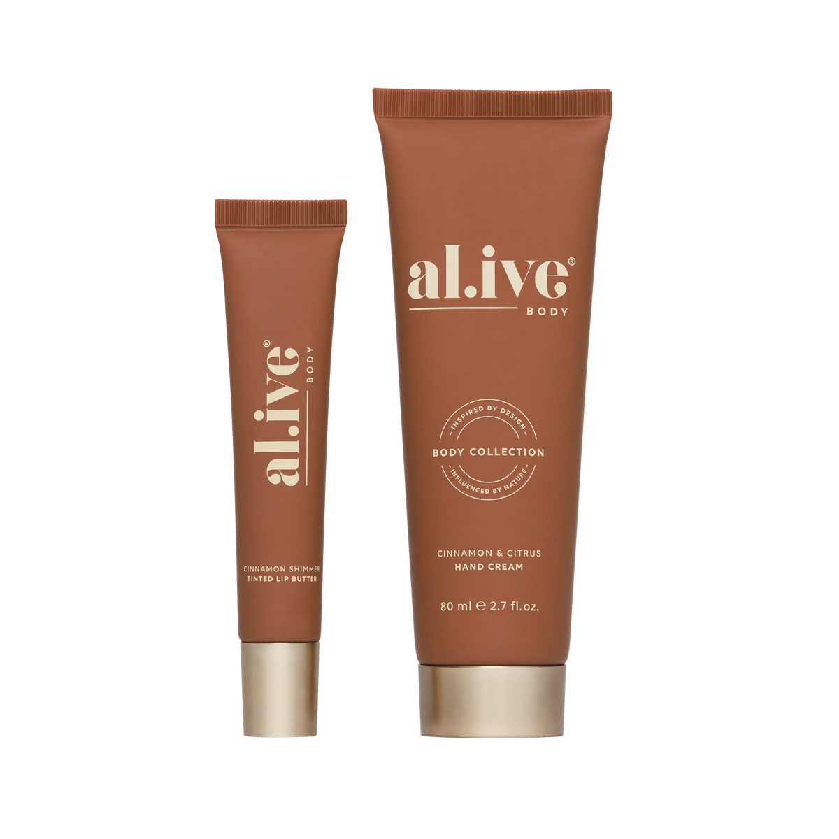 al.ive body Cinnamon & Citrus Hand Cream and Cinnamon Shimmer Tinted Lip Butter