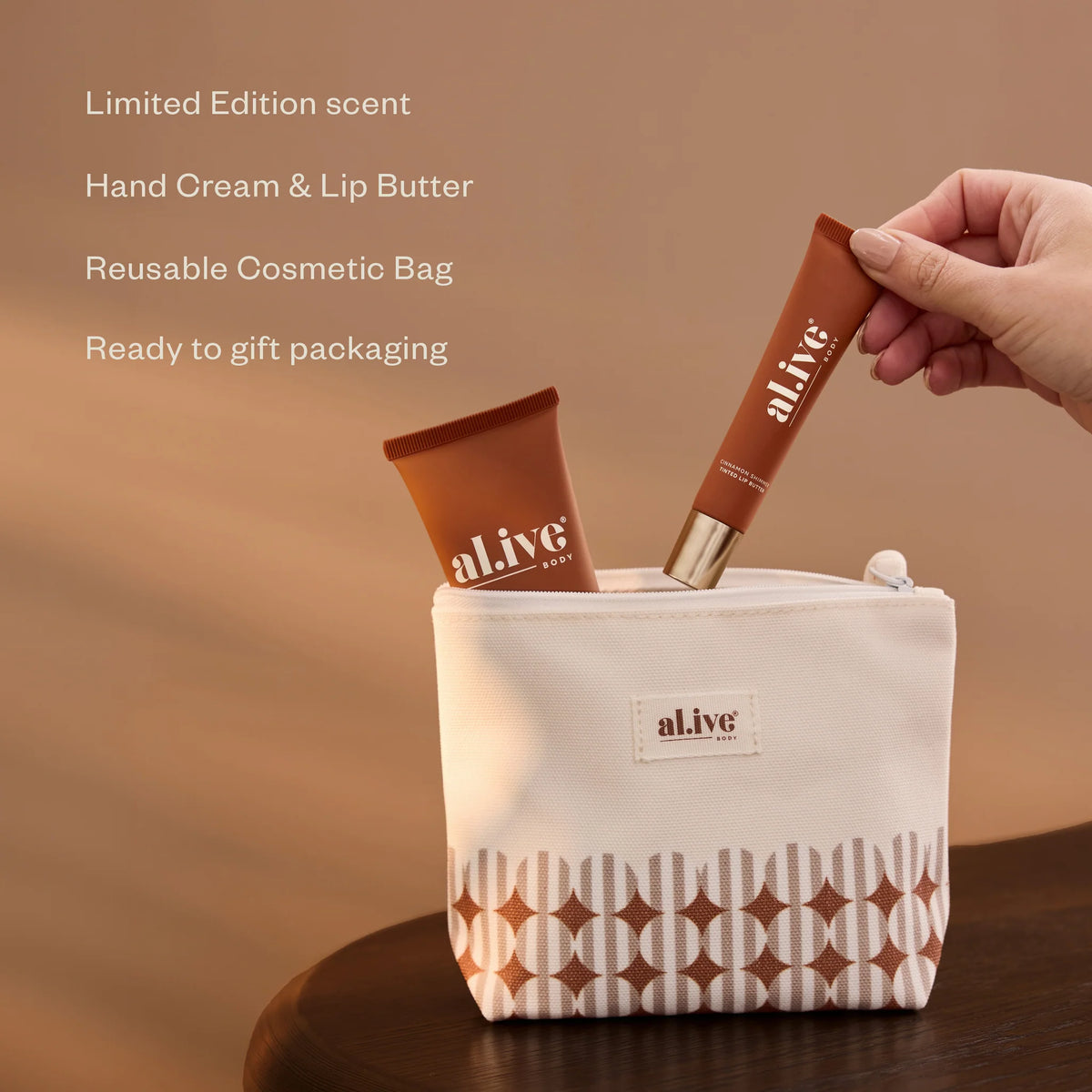 al.ive body Hand & Lip Set with hand cream, lip butter and reusable cosmetic bag, ready to gift