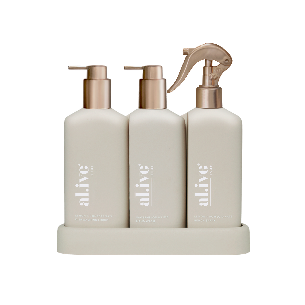 al.ive body Limited Edition Stone Kitchen Trio Bronze Edition with dishwashing liquid, hand wash and bench spray on a stone tray