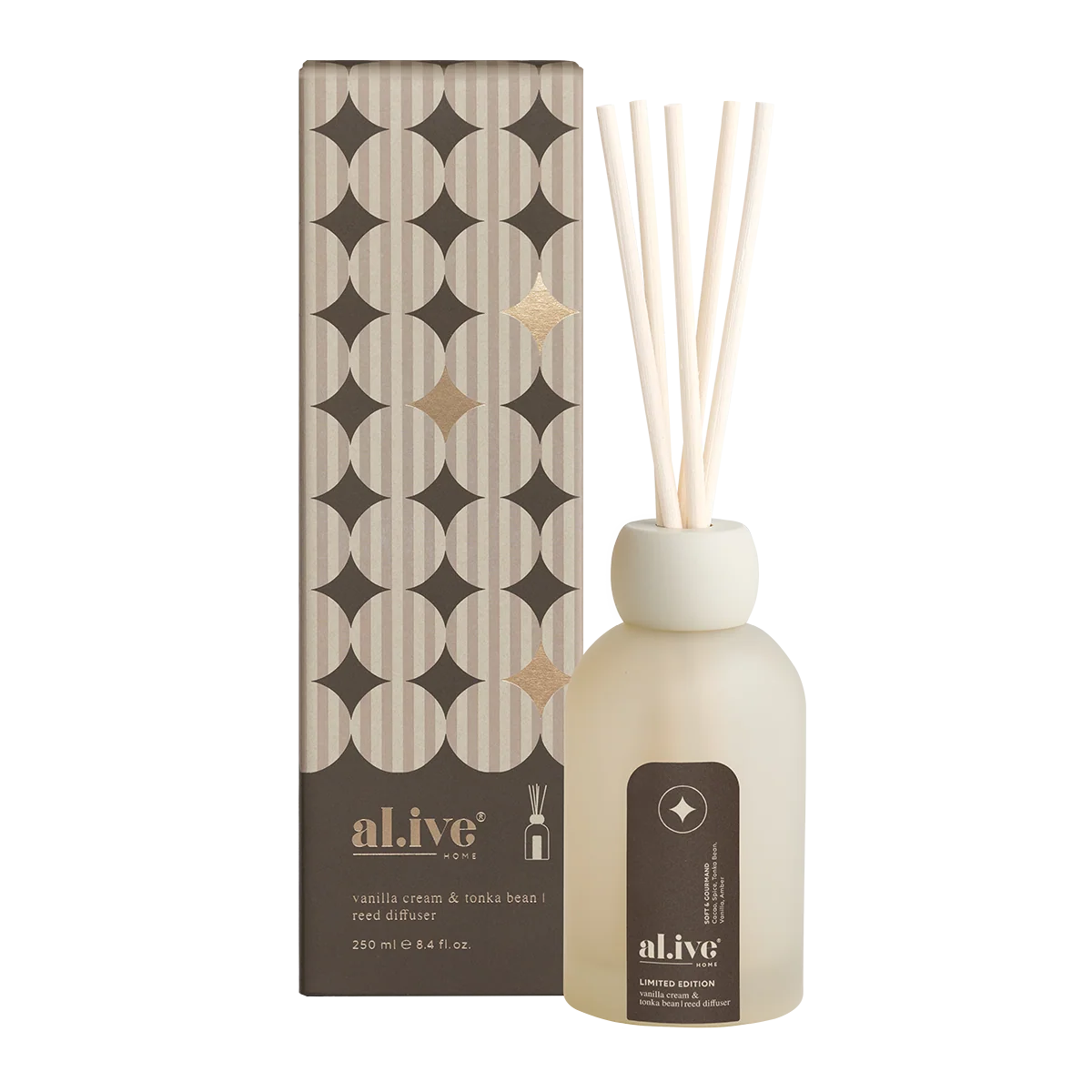 al.ive body Limited Edition Reed Diffuser Vanilla Cream & Tonka Bean 250ml with festive gift box
