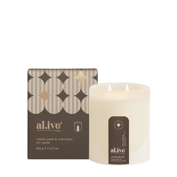 al.ive body Limited Edition Soy Candle Vanilla Cream & Tonka Bean 330g with festive gift box