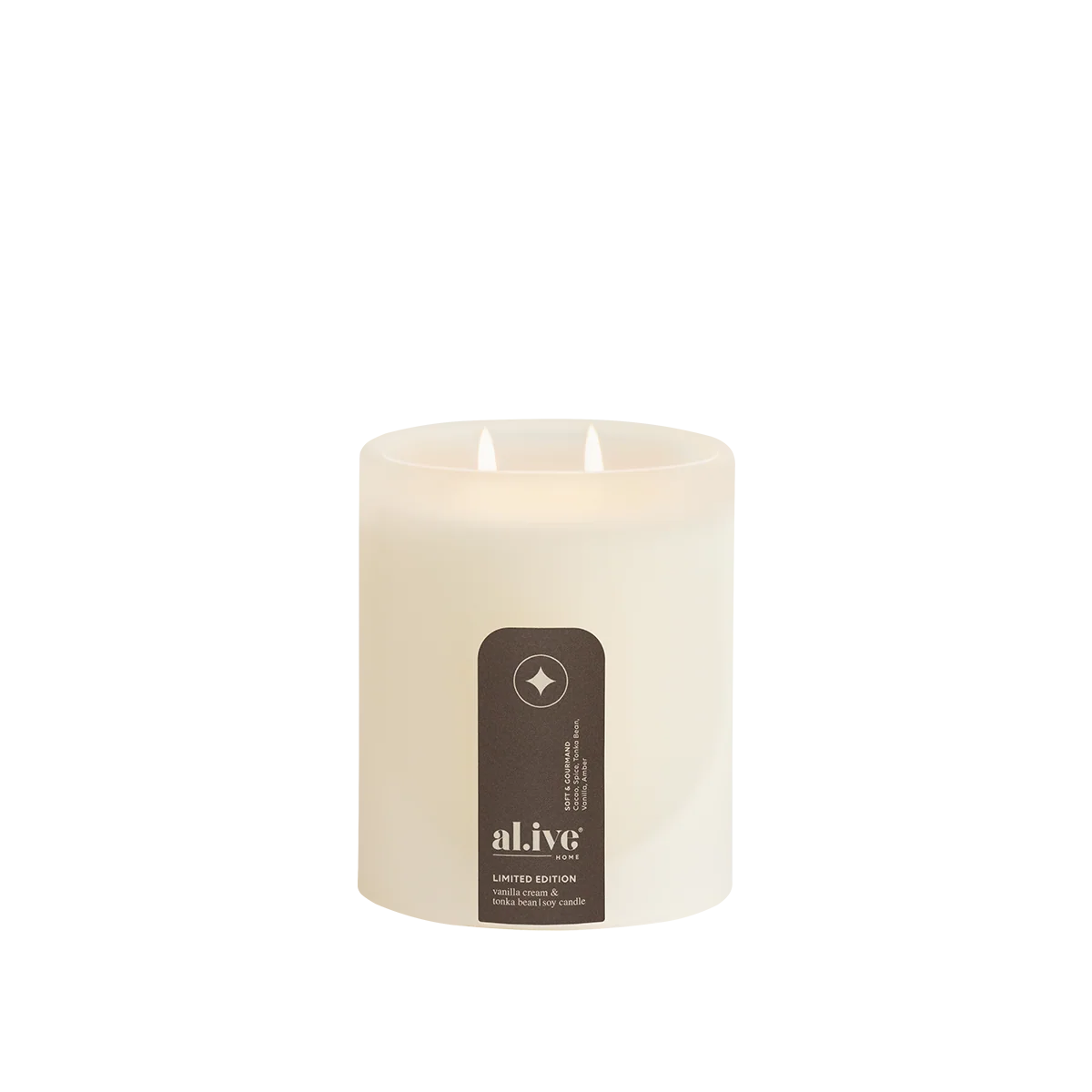 al.ive body Vanilla Cream & Tonka Bean Soy Candle in frosted glass vessel