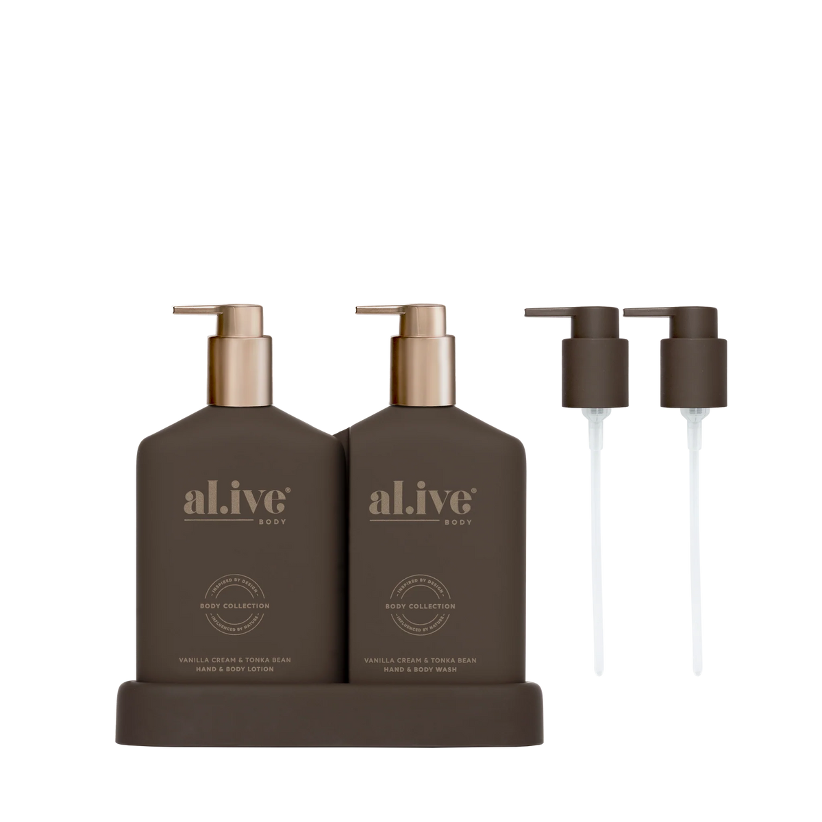 al.ive body Limited Edition Transformative Wash & Lotion Duo in Vanilla Cream & Tonka Bean, Chocolate bottles on matching tray with bronze pumps