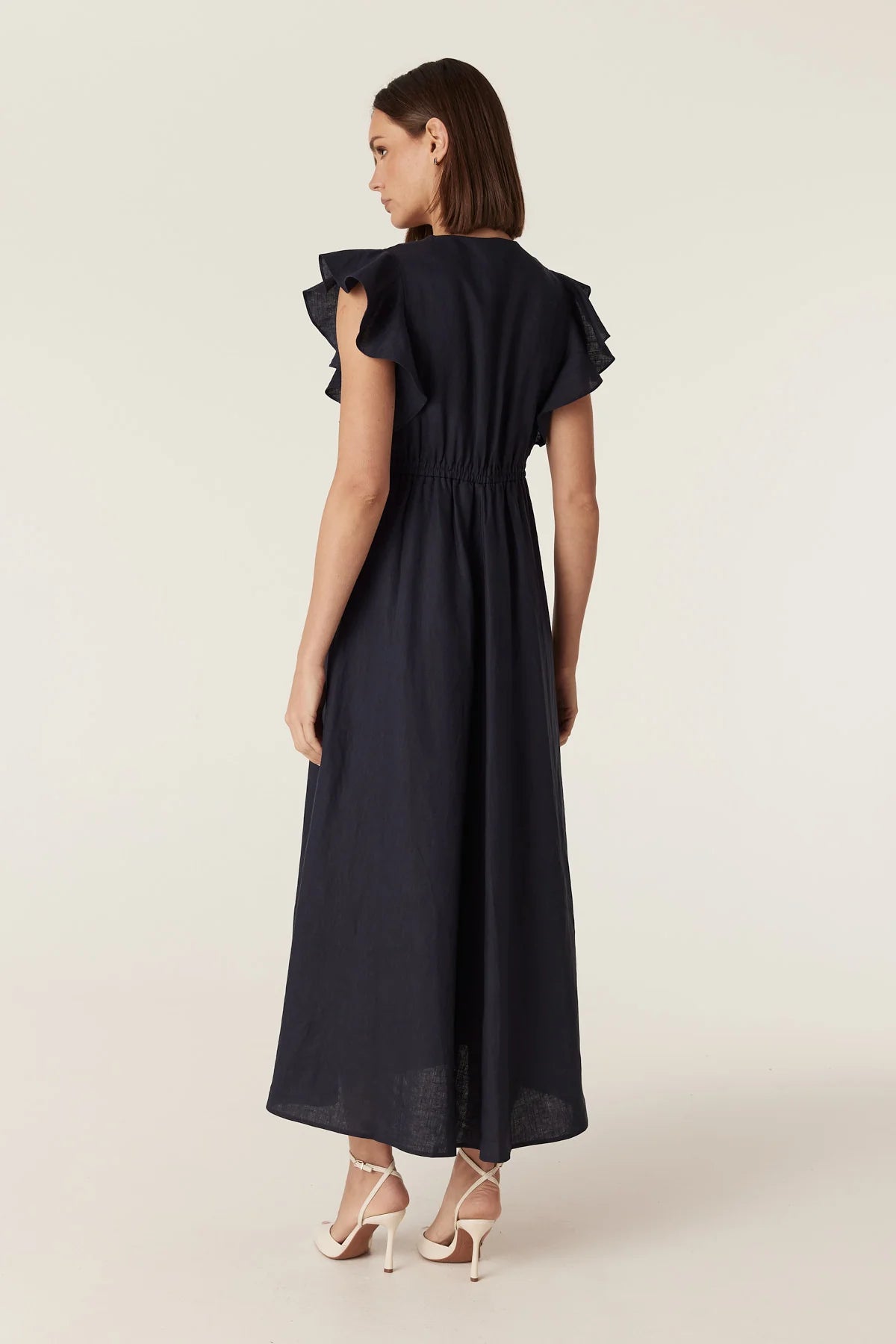 Cable Melbourne Bellevue Linen Dress in Navy, worn - back view