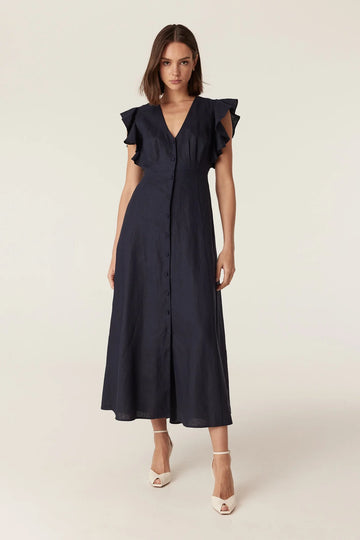 Cable Melbourne Bellevue Linen Dress in Navy, worn - front view