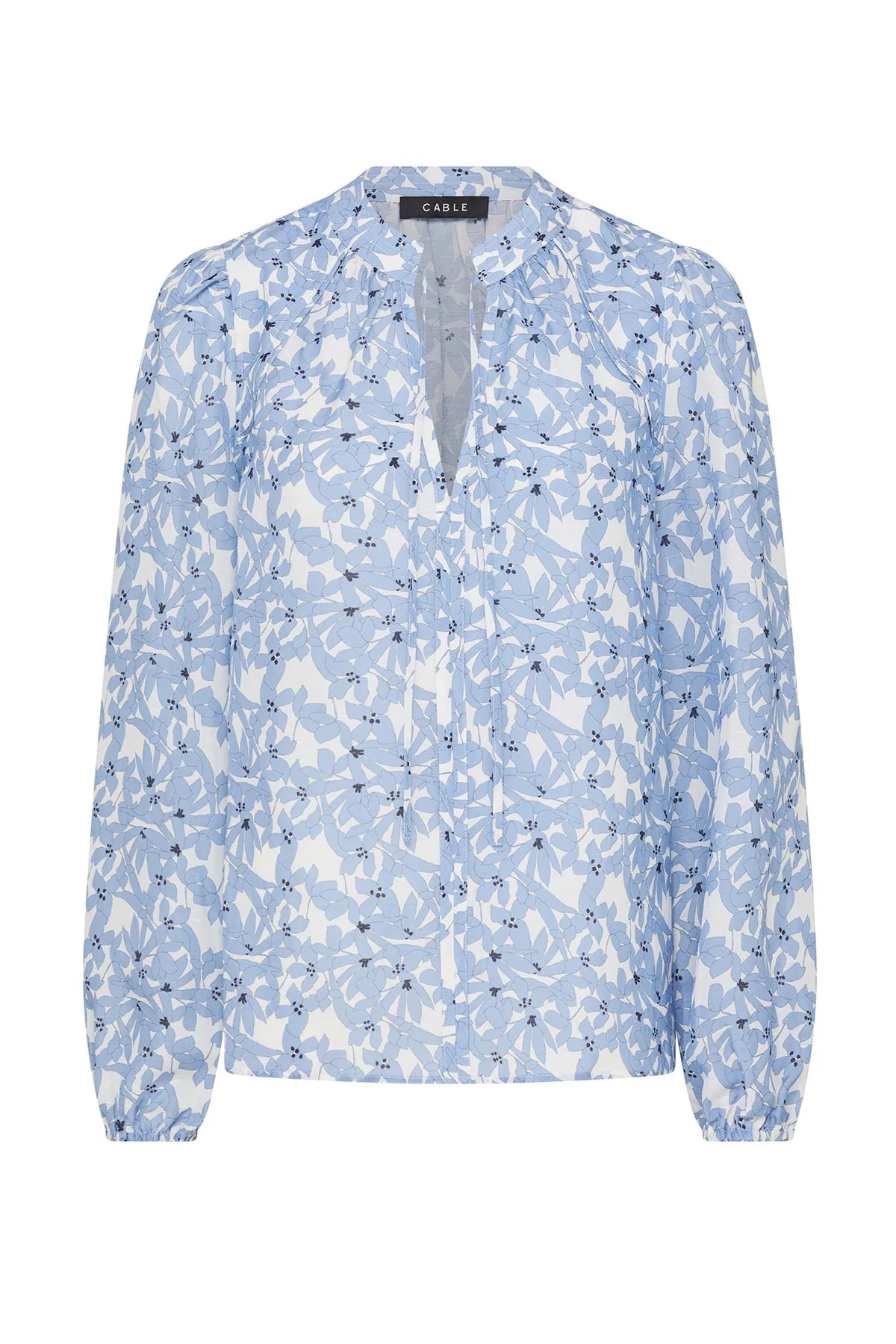 Cable Melbourne Juliette Blouse in Blue Flower print - flat lay front view showing the tie neckline and 3/4 sleeves
