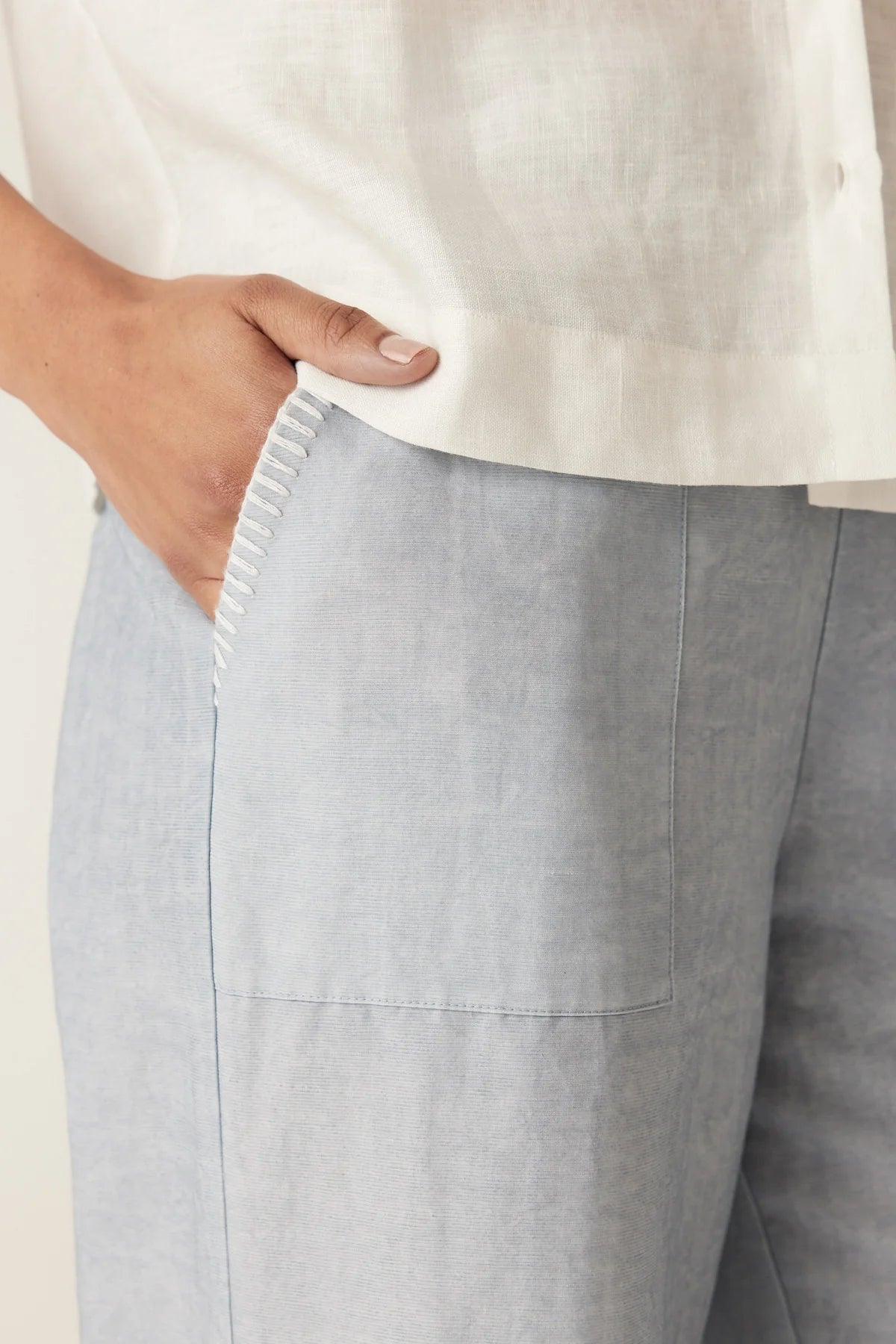 Cable Melbourne Leona Pant in Ice Blue - close-up of the patch pocket with blanket stitch trim