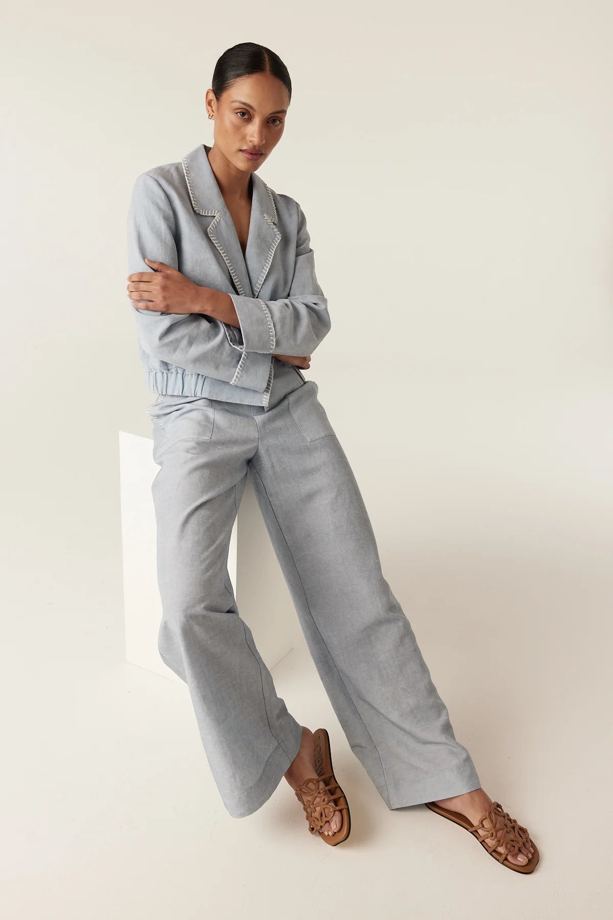 Cable Melbourne Leona Pant in Ice Blue, styled with the matching Leona Jacket (jacket not stocked)