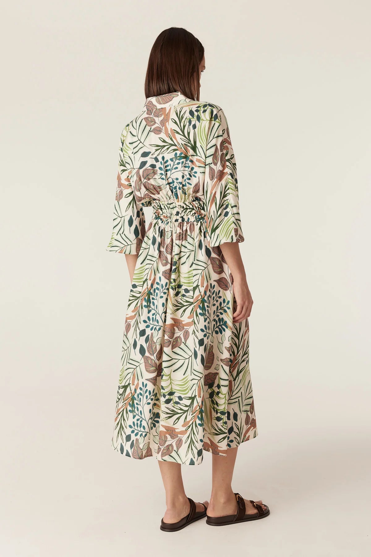 Close-up detail of the Cable Melbourne Olivia Midi Dress in Garden Print, worn