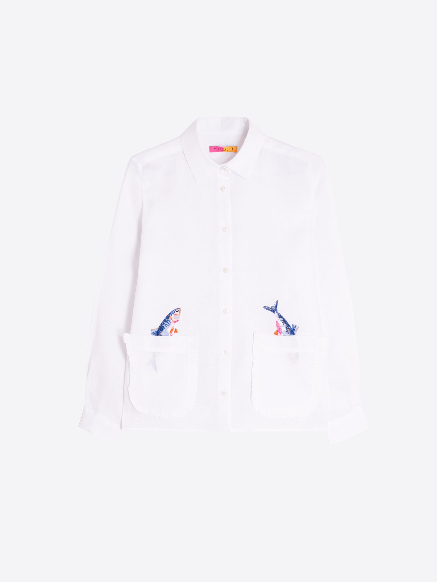 Vilagallo Embroidered Ruffle Pockets Linen Shirt in white, close-up of fish embroidery on ruffle pocket