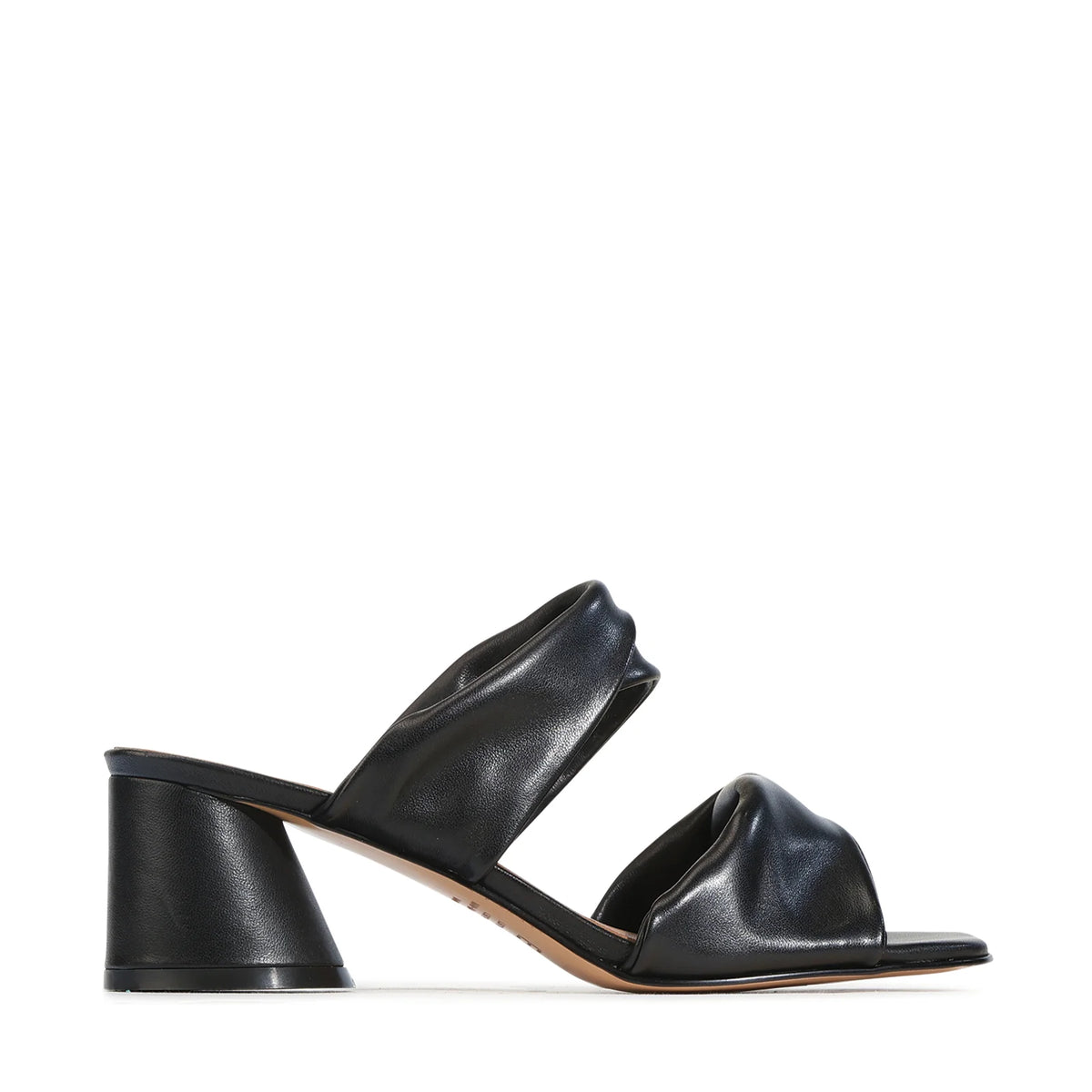 EOS Petris twisted leather mule in Black - side profile showing the tapered heel