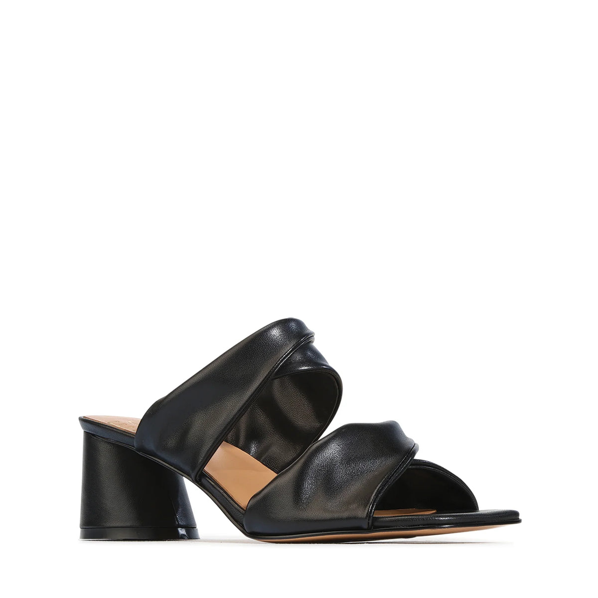 EOS Petris twisted leather mule in Black - three-quarter view of the twisted straps