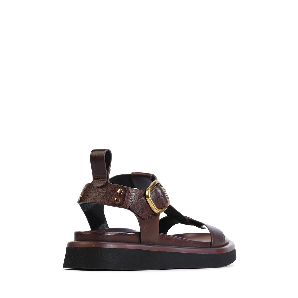 EOS Slays leather T-bar sandal in Chestnut - back view showing the heel pull tab and buckle