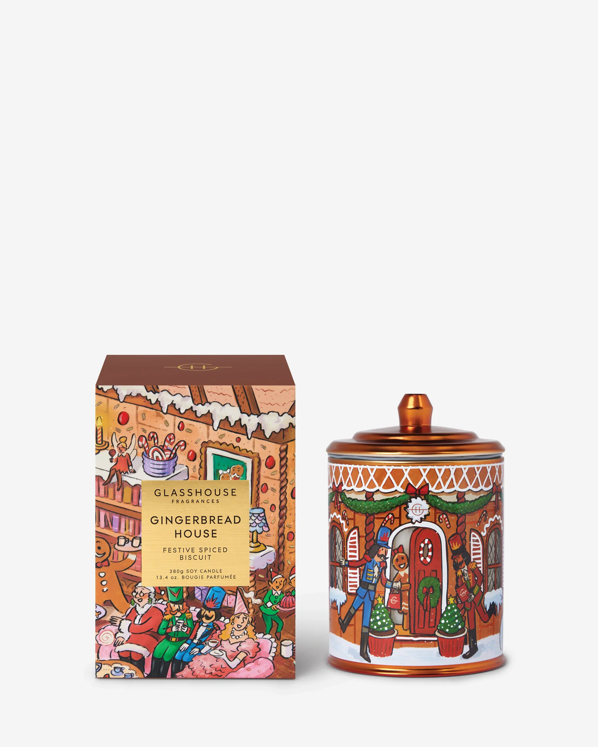 Glasshouse Fragrances Limited Edition Gingerbread House 380g Candle in illustrated gingerbread vessel with gift box