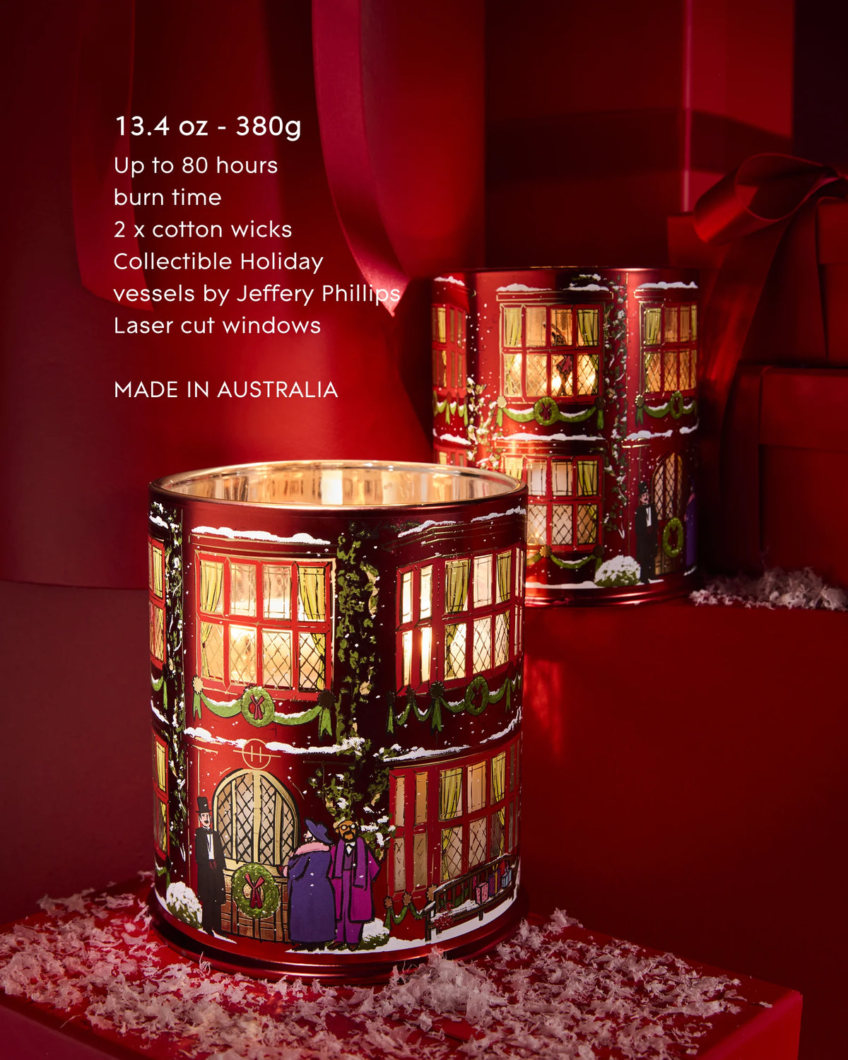 Glasshouse Fragrances Night Before Christmas 380g Candle lit, up to 80 hours burn time, 2 cotton wicks, laser-cut windows, made in Australia