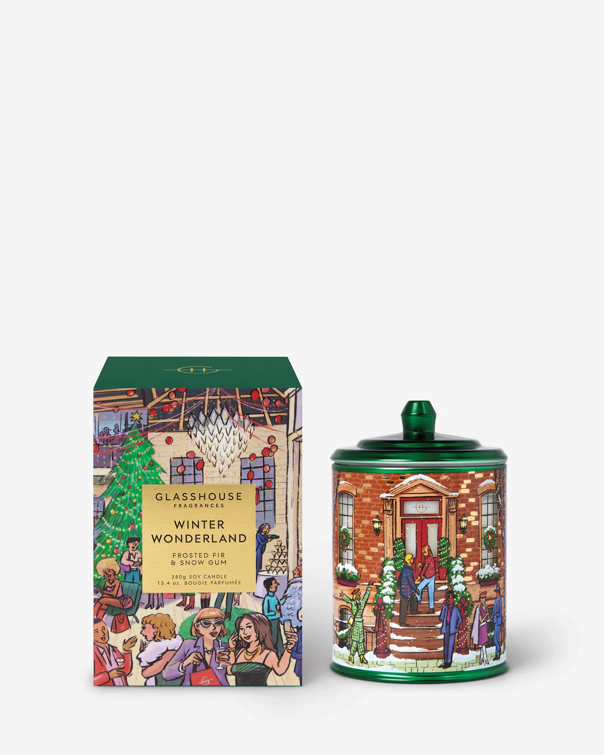 Glasshouse Fragrances Limited Edition Winter Wonderland 380g Candle in green illustrated Christmas vessel with gift box