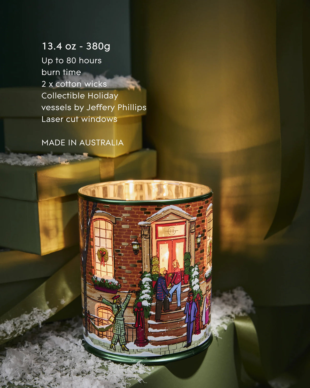 Glasshouse Fragrances Winter Wonderland 380g Candle lit with glowing windows, up to 80 hours burn time