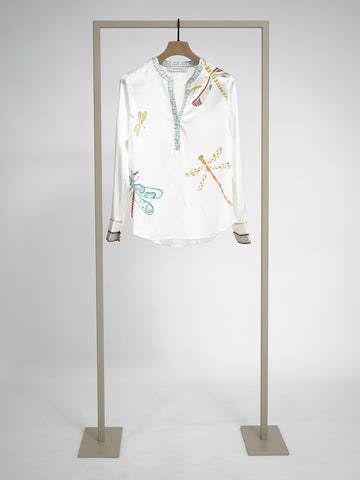 Herzens silk blouse in Sky Blue Multi dragonfly print, front view – Haus of Alma