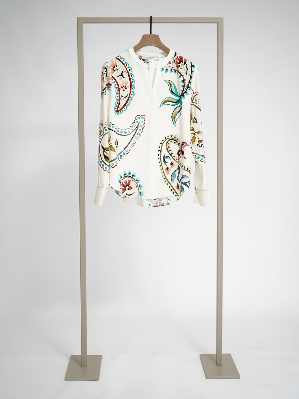 Herzens silk blouse in Turquoise Multi paisley print, front view – Haus of Alma