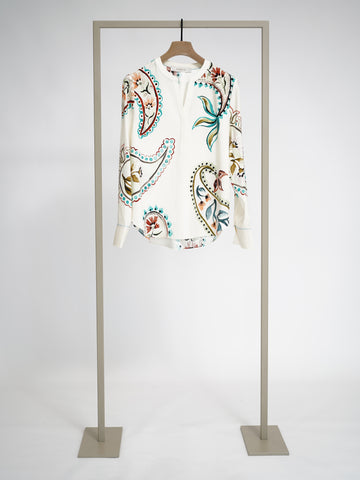 Herzens silk blouse in Turquoise Multi paisley print, front view – Haus of Alma