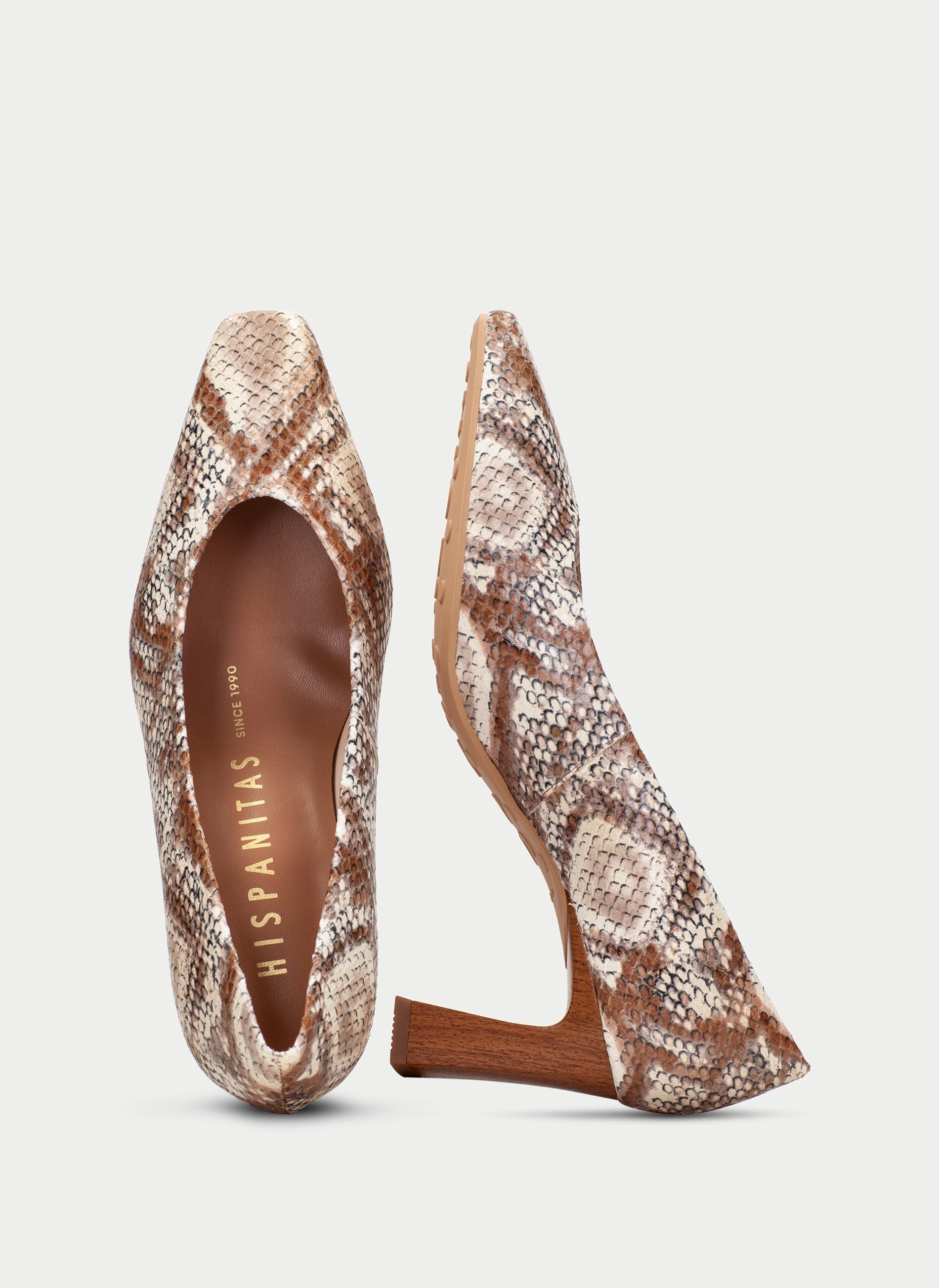 Hispanitas Amapola heeled mule in Pyton Natural python-embossed leather, top-down view of the sole and Hispanitas-branded insole