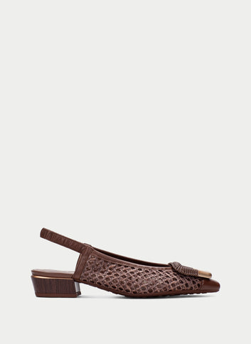 Hispanitas Azucena slingback sandal in woven Avellana raffia and leather, side profile showing the platform heel