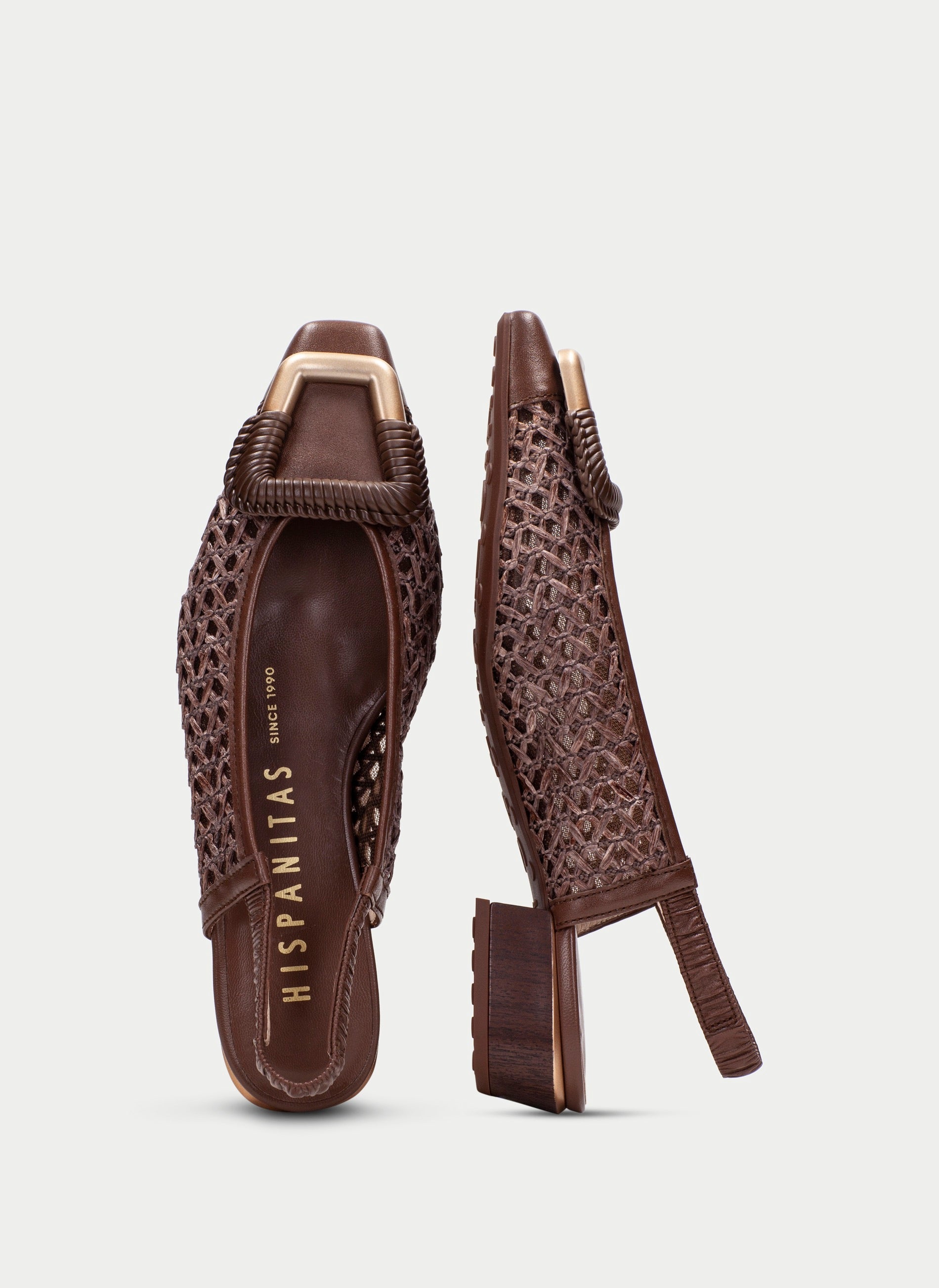 Hispanitas Azucena slingback sandal in woven Avellana raffia and leather, sole and insole detail