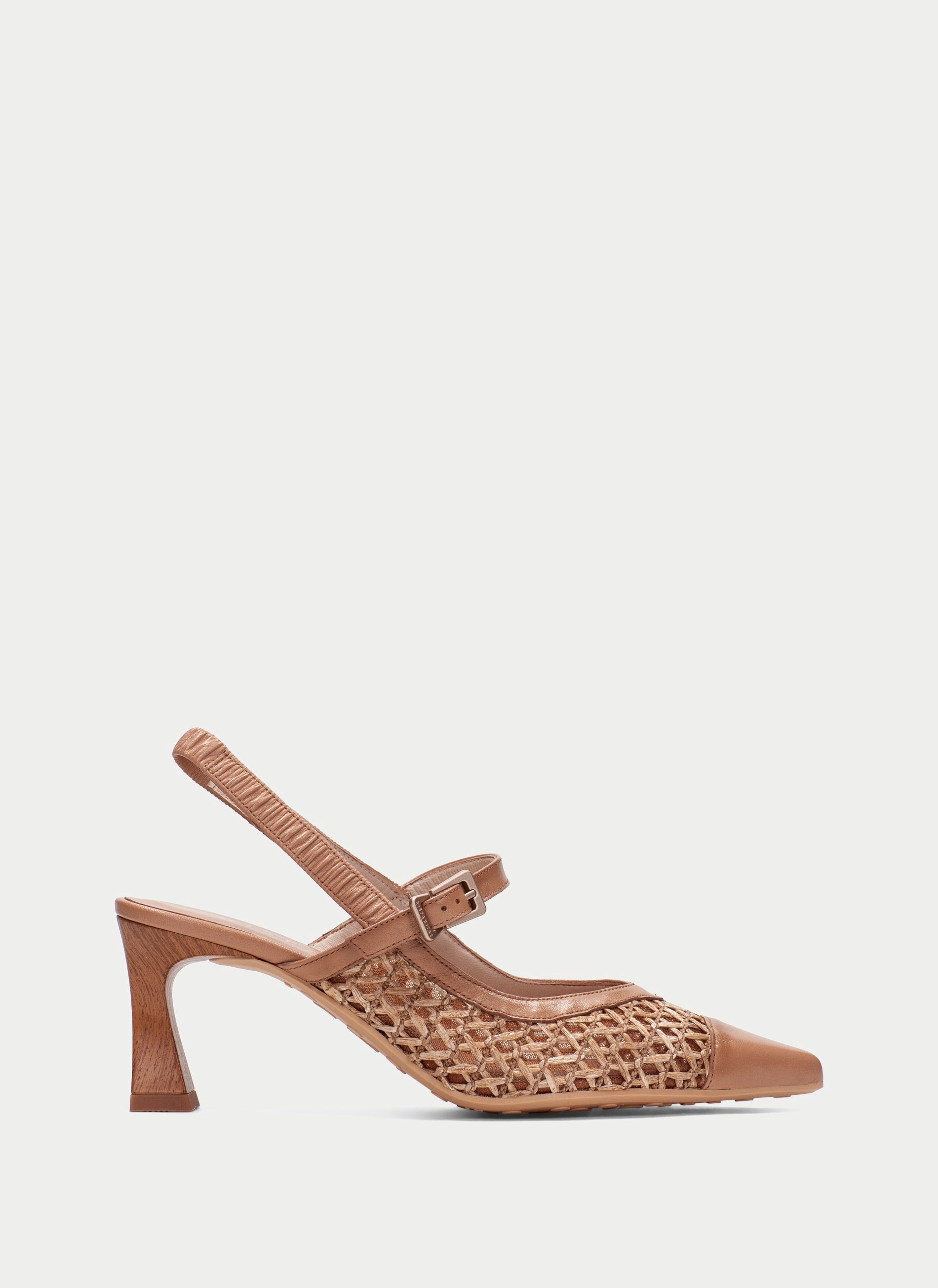 Hispanitas Giorgia slingback Mary Jane in woven Almond raffia and leather, side profile showing the wood-effect heel