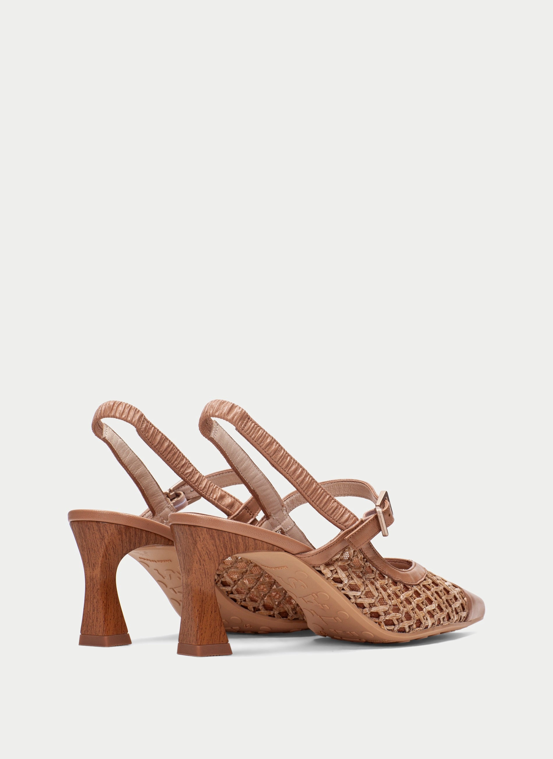 Hispanitas Giorgia slingback Mary Jane in woven Almond raffia and leather, back view of the slingback strap and heel