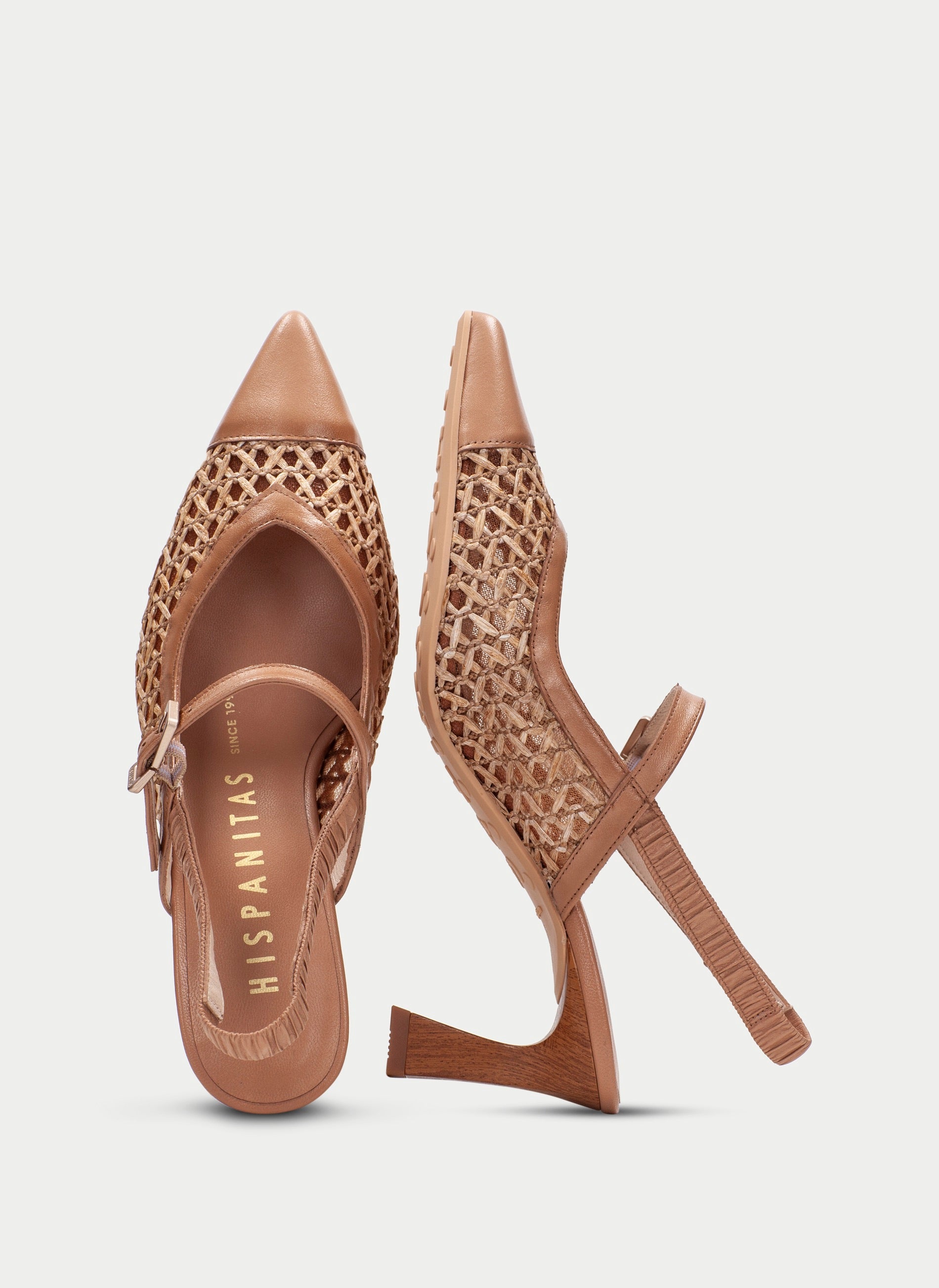 Hispanitas Giorgia slingback Mary Jane in woven Almond raffia and leather, sole and insole detail
