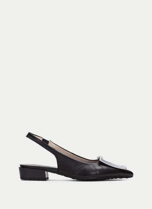 Hispanitas Lila slingback flat in black leather, side profile showing the block heel