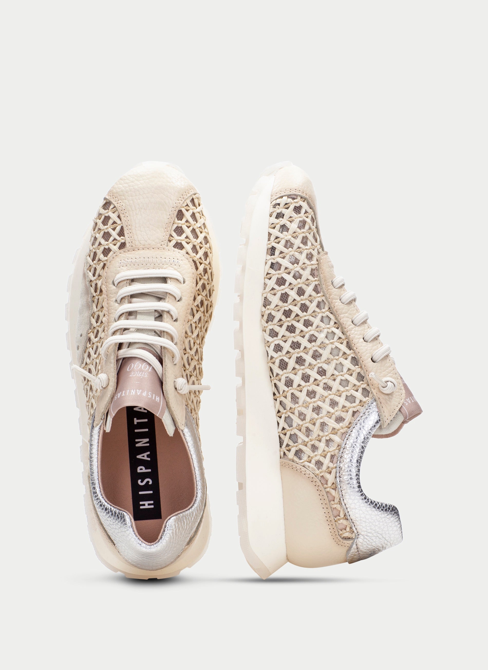 Hispanitas Oregon lace-up sneaker in woven Bolero Panna leather and raffia, sole and insole detail
