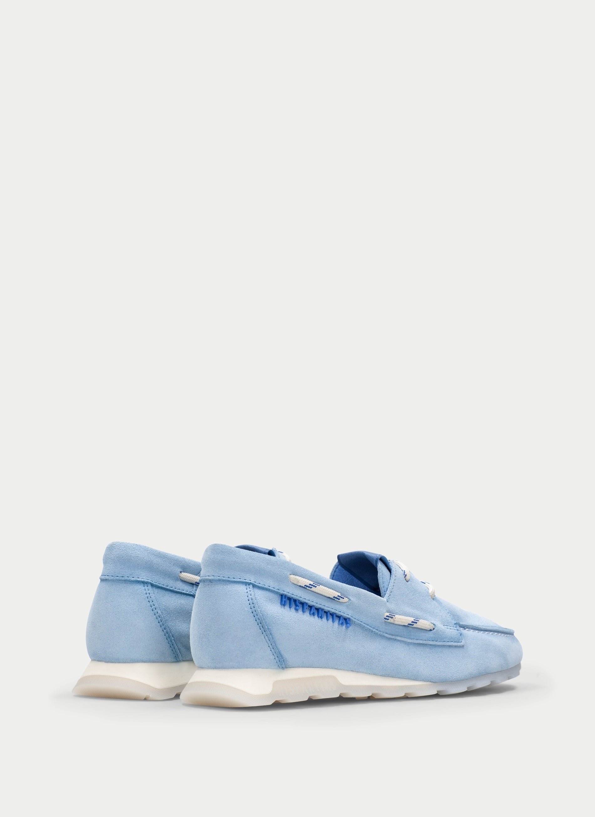 Hispanitas Zinnia boat-shoe loafer in sky-blue Velour Celeste suede, back view showing the sporty two-tone sole