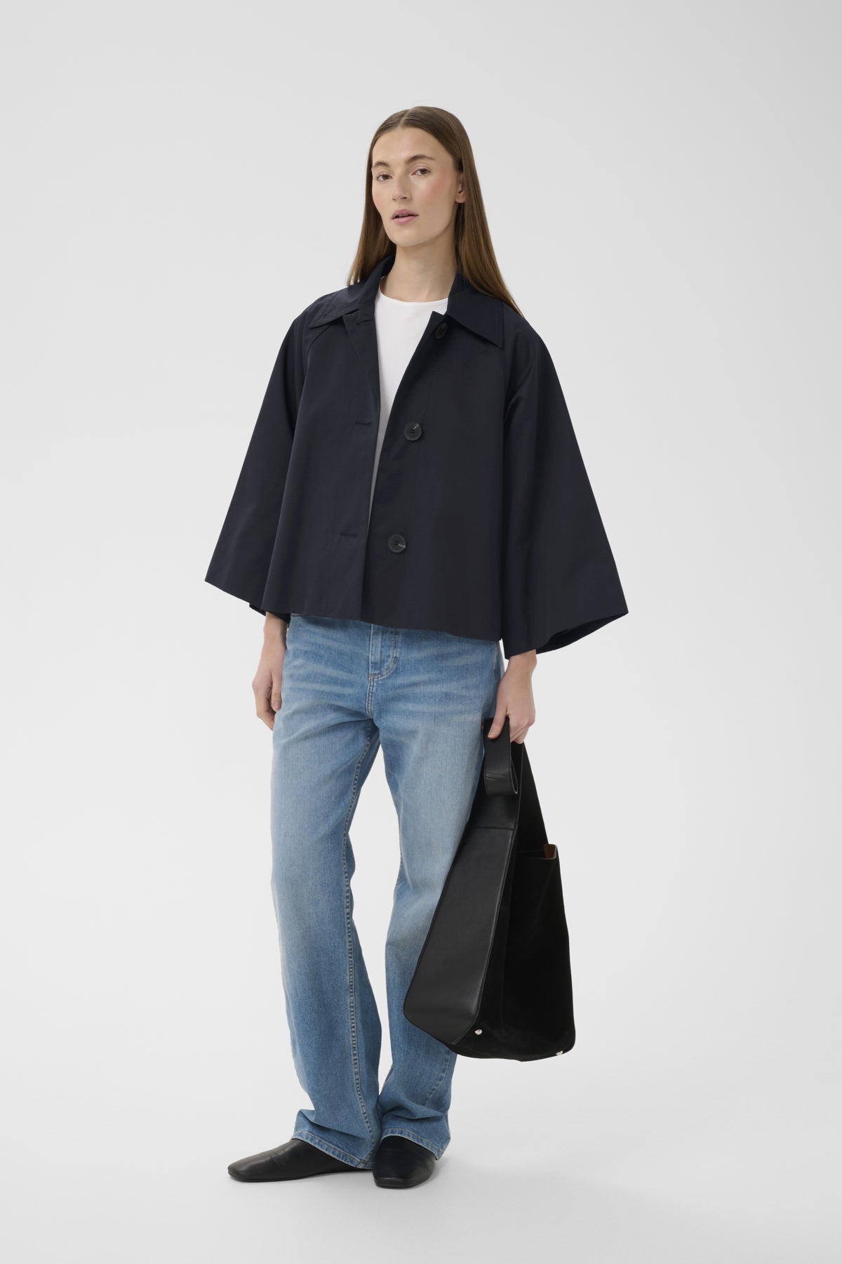 Haus of Alma InWear Hinonaiw Cape Jacket in Marine Blue - cropped cape-back jacket with dolman sleeves, view 06