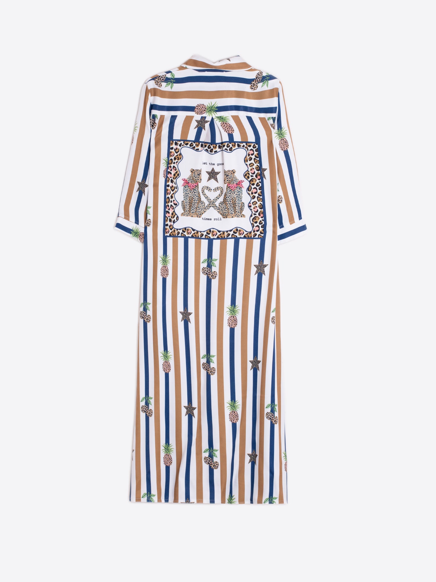 Vilagallo Isota Cherries Stripe Print Dress back flat lay with leopard cherries stripe print