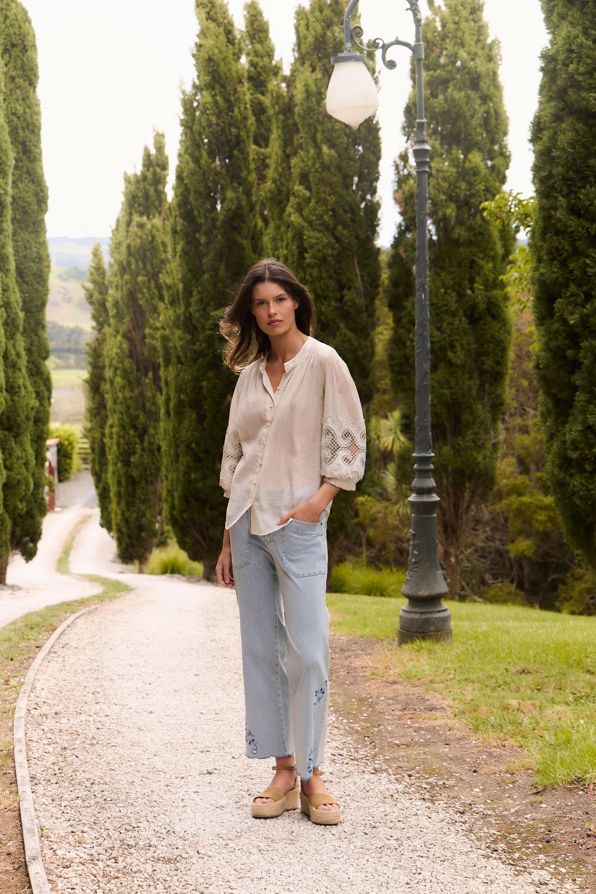 Lania Austin Shirt in Latte, styled with a Bleached denim jean (not for sale)