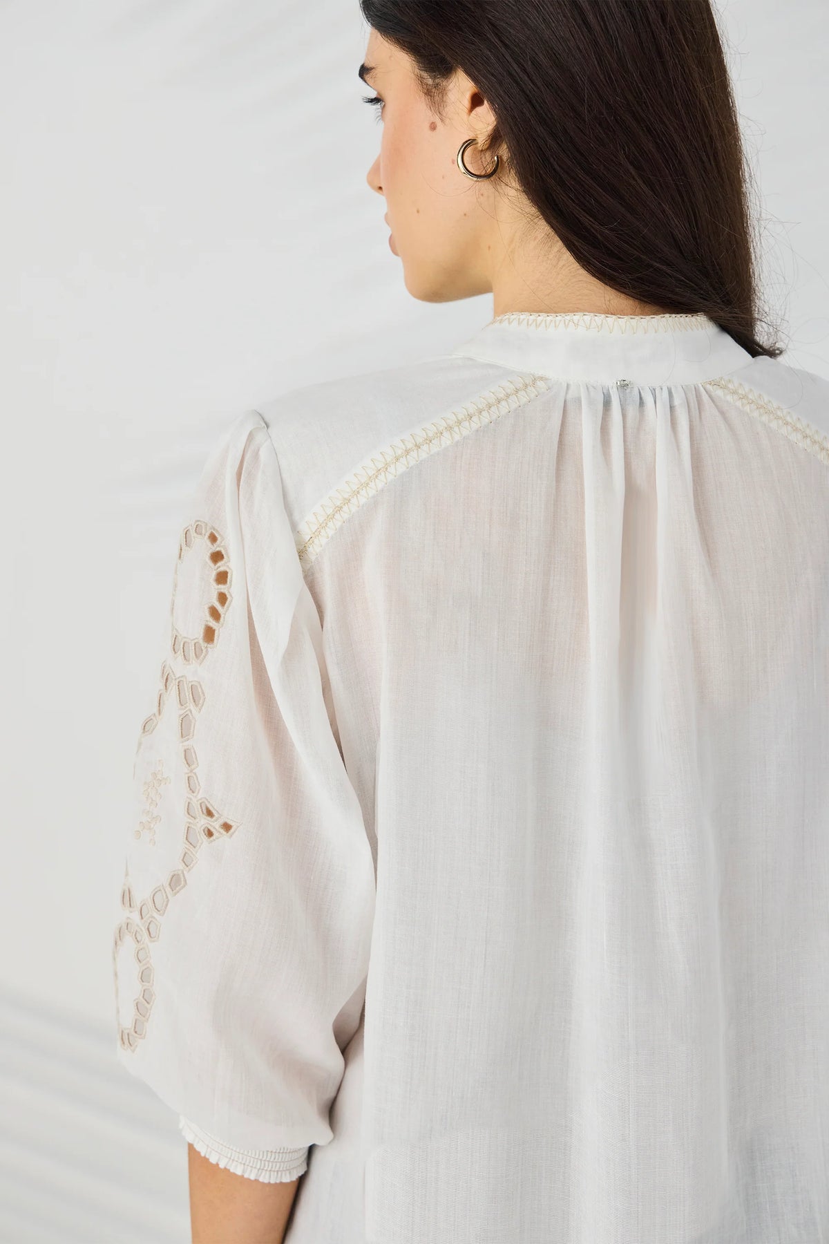 Lania Chloe Shirt in Off White - back, shoulder embroidery detail
