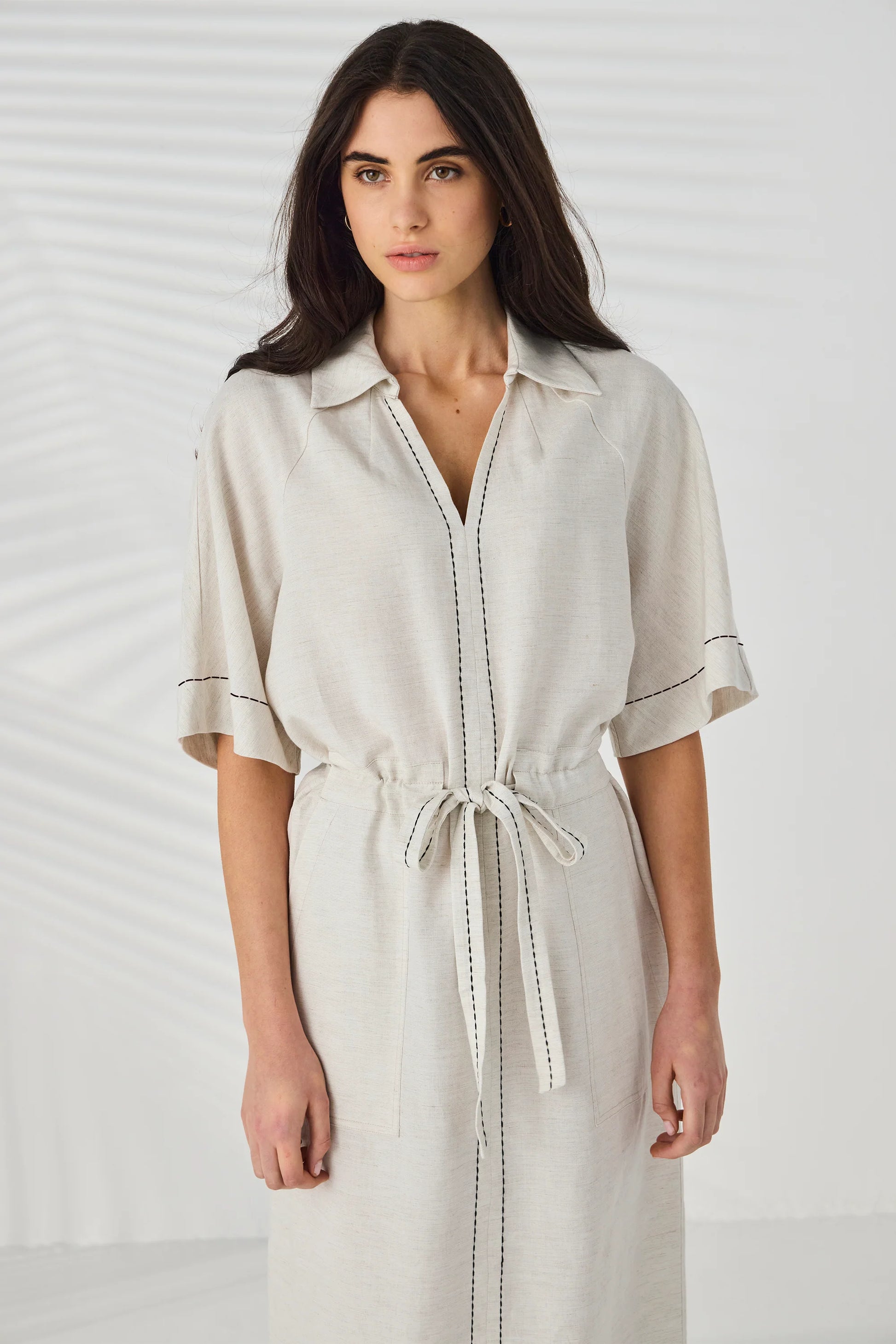 Lania Court Dress in Natural - neckline and waist-tie detail