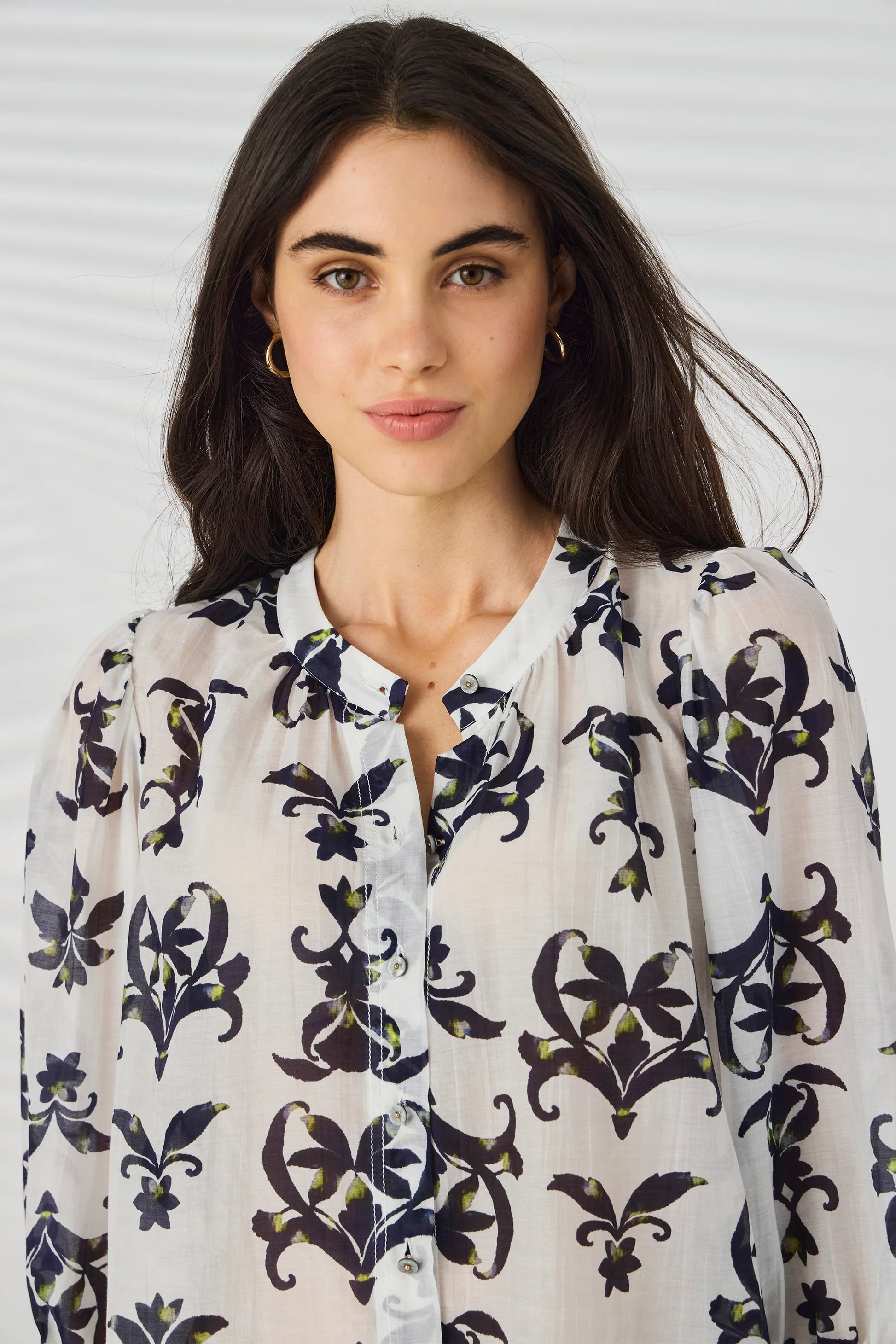 Lania Montage Shirt in Off White - print and button detail