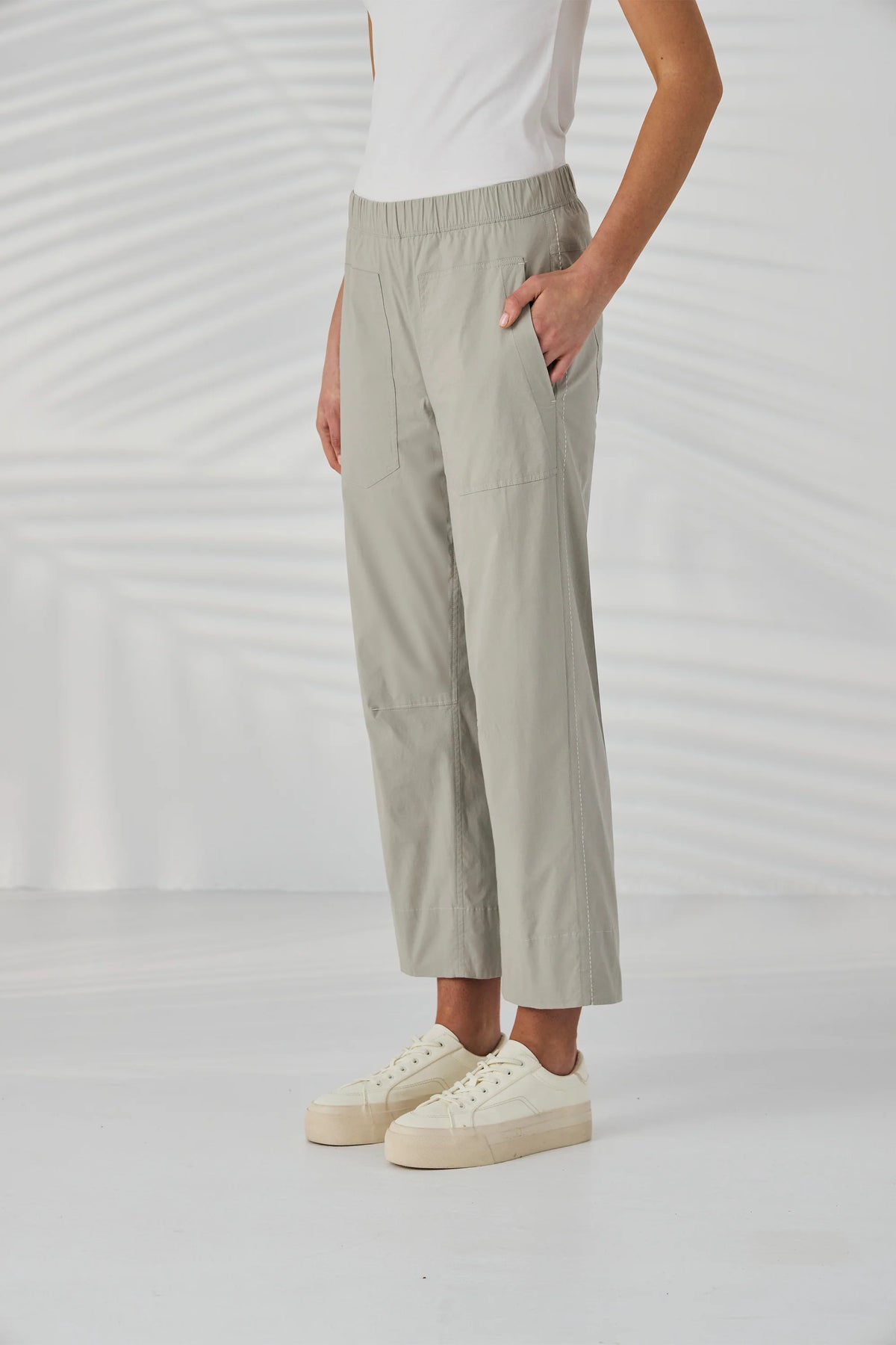 Lania Trader Pant in Stone - side, hand in pocket