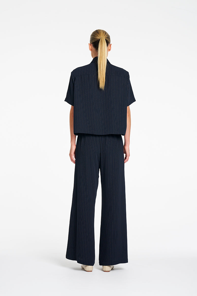 Mela Purdie Crop Shirt in Navy/Chalk, Suit Stripe fabric – back view