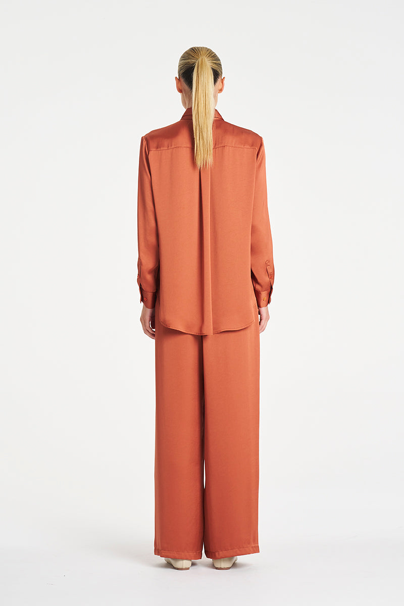Mela Purdie Maxi Pace Pant in Copper, Mirror Satin fabric – back view