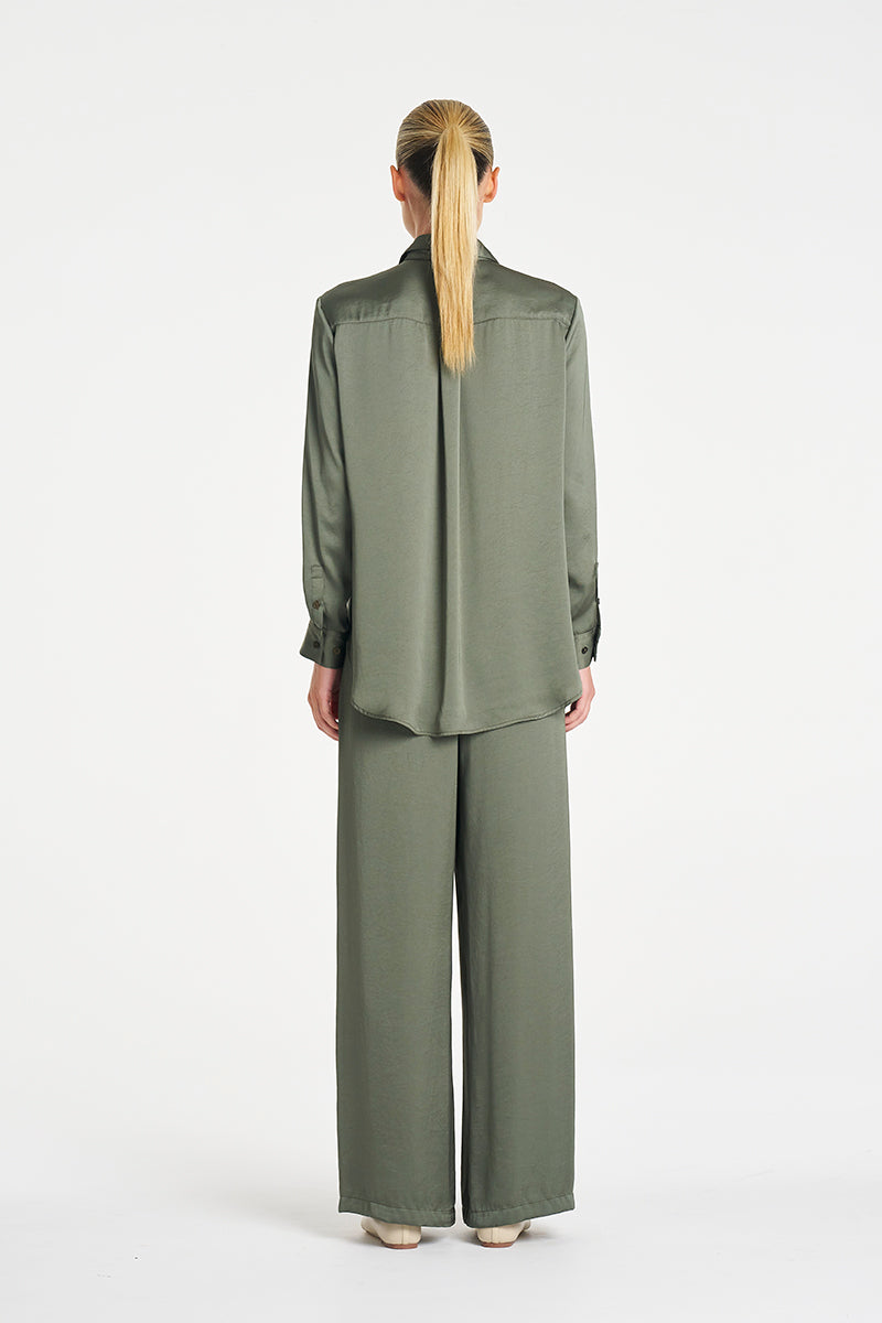 Mela Purdie Maxi Pace Pant in Sage, Mirror Satin fabric – back view