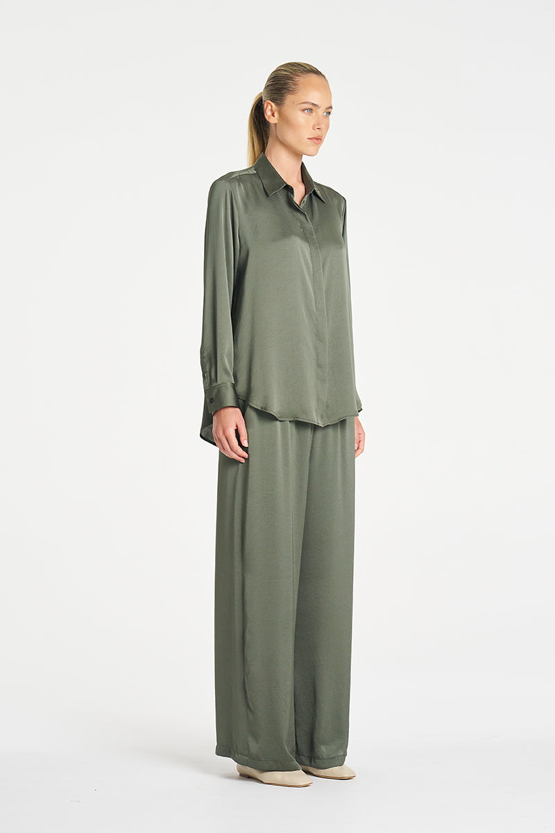 Mela Purdie Maxi Pace Pant in Sage, Mirror Satin fabric – side view